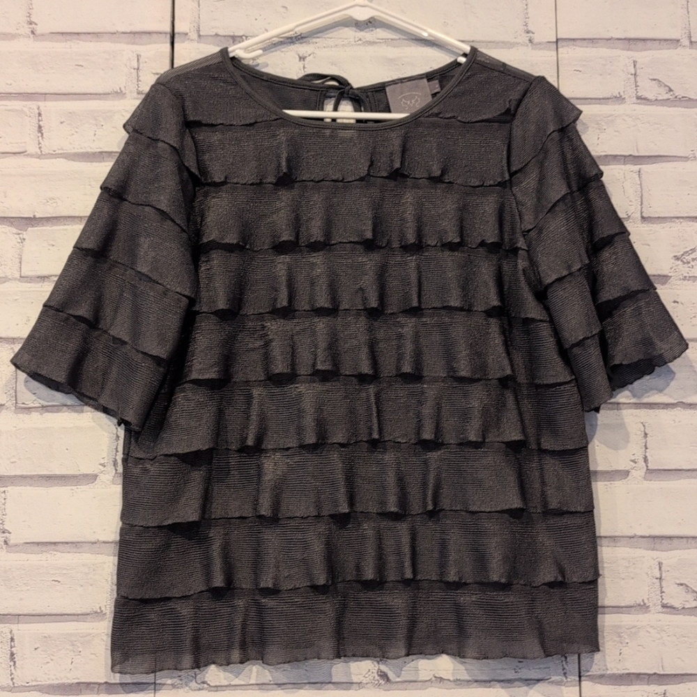 Vanessa Virginia Women's Size S Blouse Dark Green Ruffles Half Sleeve Tie Back